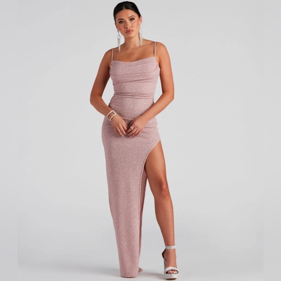 Windsor Dresses & Skirts - Lola Formal High Slit Glitzy Glitter Dress | Sparkly dress Silver and Pink